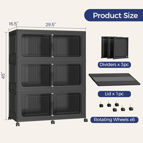 120GAL Storage Bins with Lid and Wheels, Collapsible Storage Box with Dividers, Foldable Plastic Cabinets for Room Kitchen, Stackable Closet Organizers and Storage Drawer, 3 Pack Black - color: Black, size: 40Gal-3Pack