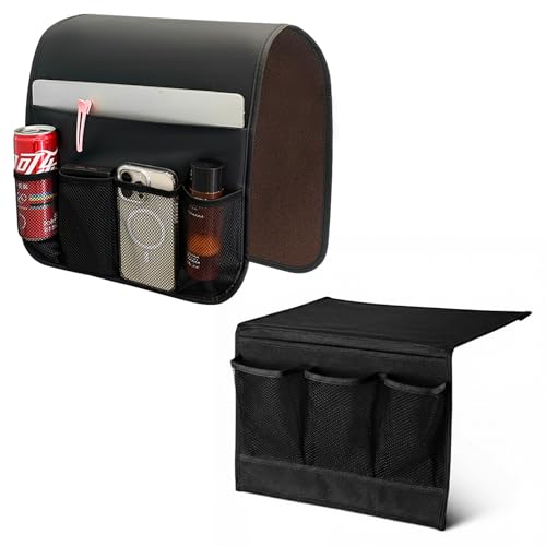 Bedside Caddy Organizer & Remote Control Holder for Couch, Non-Slip Armchair Caddy Storage with Multiple Pockets, TV Remote Holder for Bed, Sofa Armrest Organizer for Glasses Phone Magazine(2pcsBlack)