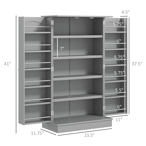 HOMCOM 41" Kitchen Pantry Storage Cabinet, Freestanding Kitchen Cabinet with 12 Door Shelves, Double Doors, 5-Tier Shelving and Adjustable Shelves, Gray - color: Grey, size: 41"H