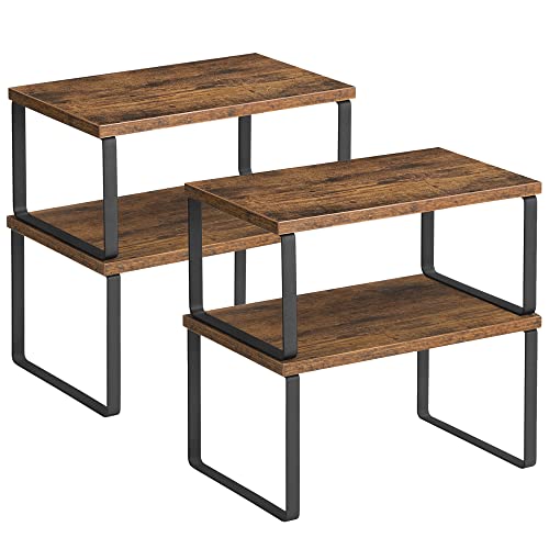 SONGMICS Cabinet Organizer Shelf, Set of 4 Kitchen Counter Shelves, Kitchen Storage, Spice Rack, Stackable, Expandable, Metal and Engineered Wood, Ink Black and Rustic Brown UKCS021X01 - color: Ink Black + Rustic Brown, size: 11.7"W