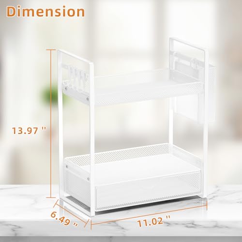 VITVITI 2 Tier Bathroom Organizer Countertop with Drawer, Metal Mesh Bathroom Counter Vanity Organizer Storage, Bath Room Shelf Sink Kitchen Spice Rack with Basket Hooks, White - color: White