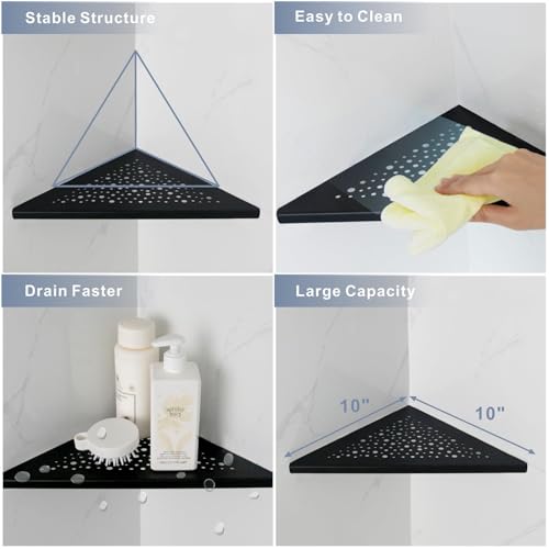 HIDROP Matte Black Corner Shower Shelf 10 Triangular Corner Shelf Stainless Steel Bathroom Shelf for Tiled Wall, 2 Pack Shower Corner Shelf, No Drilling - color: Matte Black