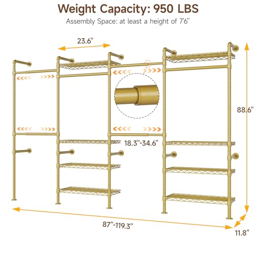 ONBRILL H4 Wall Mounted Closet System, Expandable Industrial Pipe Clothes Rack Clothing Rack for Hanging Clothes, Heavy Duty Closet Organizers and Storage in Wardrobe Closet - Gold - color: Gold