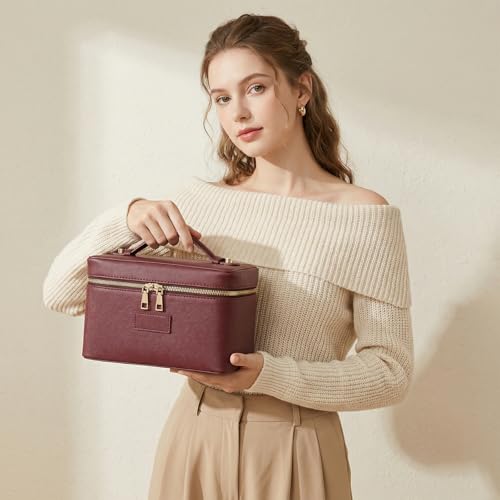 Makeup Bag Vanity Case for Women – Portable Cosmetic Bag Makeup Bag Organizer Travel Toiletry Bag with Removable Divider - color: Burgundy