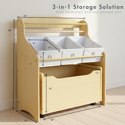 Humble Crew 3-in-1 Kids Bookshelf and Toy Storage Organizer, Natural/White - Toddler Organizers with Rolling Toy Box and 3 Fabric Bins – Sturdy Baby Book Shelf, Perfect for Nursery and Playroom - color: Natural/White
