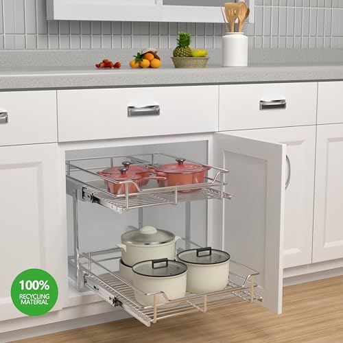 JOWBOOW 2-Tier Cabinet Pull Out Shelves (20" W x 22" D), Slide Out Shelves for Kitchen Cabinets, Metal Pots and Pans Organizer for Under Cabinet - size: 20 x 22 Inch