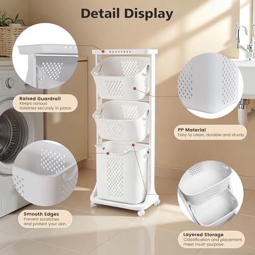 BAOKALER Rolling Laundry Hamper Cart with Wheels, 3 Tier White Laundry Baskets, Clothes Hamper with Portable Storage Baskets for Kitchens, Bathrooms, Bedrooms, Classrooms, Laundry Rooms(75L) - size: 3-layer