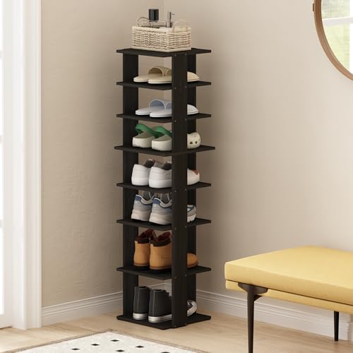Furinno Compact Vertical Shoe Rack, 8-Tier Narrow Shoe Organizer, Free Standing Shoe Storage, Shoe Shelf for Boots, Sneakers, 12 x 12.6 x 46.7, for Closet, Entryway, Office, Garage, Espresso - color: Espresso, size: 8-Tier, 46.7 Inch