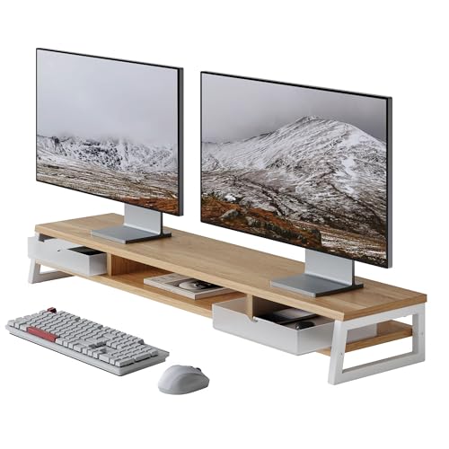 Fenge Dual Monitor Stand, Monitor Riser with Drawer, 42.5 Inch Large Computer Monitor Stand for 2 Monitors, 2 Tier Wooden Desk Shelf for Top of Desk - color: Dark Oak