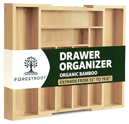 Bamboo Drawer Organizer, Expandable 8-Slot Silverware & Utensil Tray for Kitchen Drawers, Fits 13–19.5 Inch Drawers, Deep Compartments, Durable & Eco-Friendly Natural Bamboo - size: 8 Slot