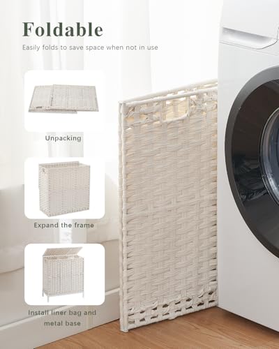 SETVSON Laundry Hamper with Lid 132 L, (35 Gallons) Clothes Hamper with Lid, Handwoven Rattan Laundry Hamper with Metal Heightened Feet, Laundry Hampers with 3 Removable Liner Bags for Laundry-White - color: Cloud White, size: 132 L - 35 gal