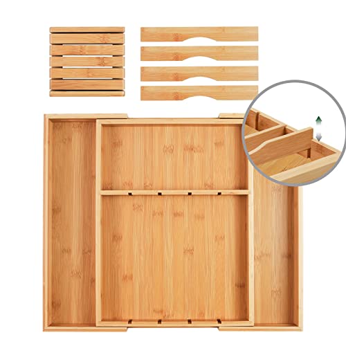 Wencrfat Silverware Drawer Organizer with Removable Knife Block and Dividers, Expandable Bamboo Kitchen Drawer Organizer, Flatware Utensil Cutlery Organizer for Drawer 8 Compartments