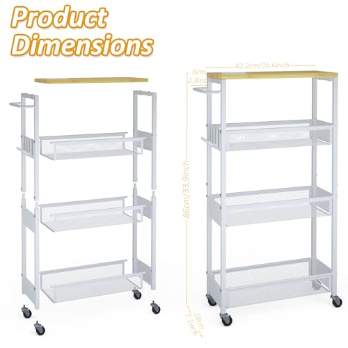 Vincona Slim Storage Cart on Wheels, 4 Tier Metal Narrow Rolling Cart with Handle and Wood Top, Multifunctional Small Mobile Shelf Unit Organizer Trolley for Laundry, Bathroom, Kitchen - color: White, size: 7.1" wide