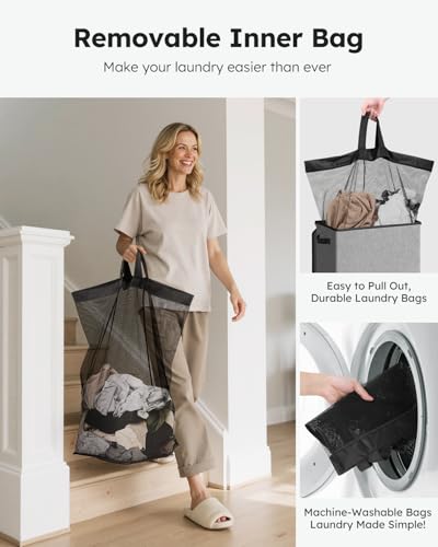 SOLEDI Laundry Hamper with Lid 90L Large & Tall Collapsible Laundry Basket, Clothes Hamper with Bag Removable Easy to Carry, Dirty Hampers for Bedroom, Bathroom, Dorm, College, Grey - color: Grey, size: 90L