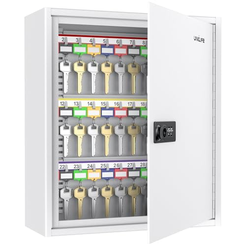 Uniclife 60 Position White Key Cabinet Steel Security Storage Box with Combination & Key Lock, Resettable, Digital, Adjustable Racks, Colorful Labels & Hooks - color: White, size: 60 Keys
