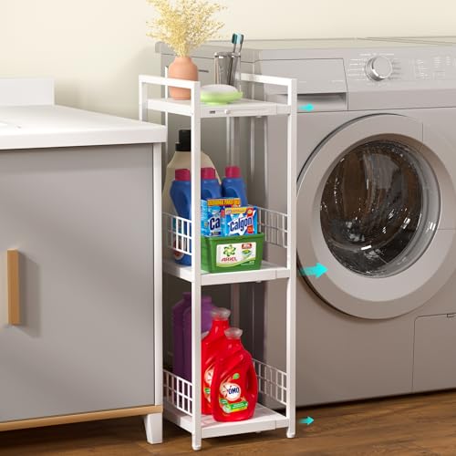 DAOUTIME Expandable Slim Storage Shelf, 3 Tier Metal Shelving Unit for Bathroom Storage Organizer, Free-Standing Narrow Shelf, Open Floor Shelves for Small Spaces,Laundry,Bathroom,Kitchen, White - color: White, size: 3-tier