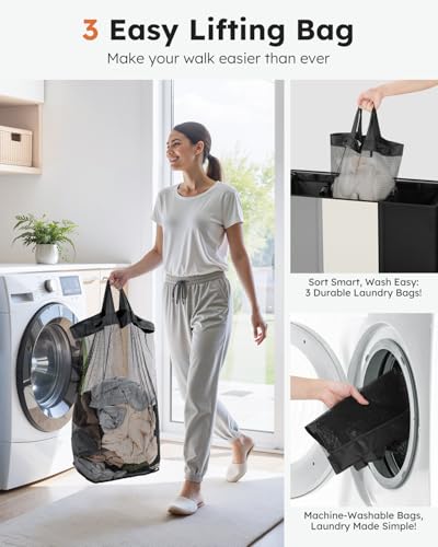 SOLEDI Laundry Hamper 3 section with lid and 3 Pcs Bag, Large Hamper 3 compartment 180L, Laundry Basket Laundry sorter Clothes hamper for Laundryroom Bedroom Blanket Storage Organizer - color: Black/White/Grey, size: 180L