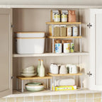HOOBRO Cabinet Organizer Shelf, Set of 4 Kitchen Counter Shelves, Expandable Kitchen Storage, Stackable Bamboo Spice Rack, for Kitchen, Countertop, Office Desk, Bathroom, Natural and White YW30TLP201 - color: Natural, White