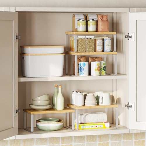 HOOBRO Cabinet Organizer Shelf, Set of 4 Kitchen Counter Shelves, Expandable Kitchen Storage, Stackable Bamboo Spice Rack, for Kitchen, Countertop, Office Desk, Bathroom, Natural and White YW30TLP201 - color: Natural, White