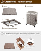 Greenstell Laundry Hamper with Wheels, No Install Needed, 90L Divided Handwoven Hampers & 2 Removable Liner Bags, Rattan Clothes Laundry Basket with Lid & Handles, Foldable Hampers Gray 18x13x26.4 In - color: Gray, size: 90L: 18.3x13.5x26.4 Inches