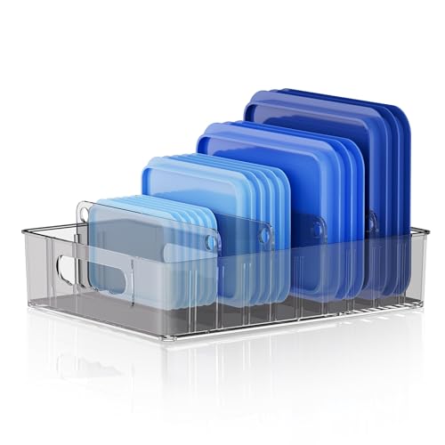 LYNG Lid Organizers Inside Cabinet, Clear Plastic Storage Lid Organizer With 4 Adjustable Dividers, Food Container Lid Organizer For Kitchen Pantry Grey - color: Grey