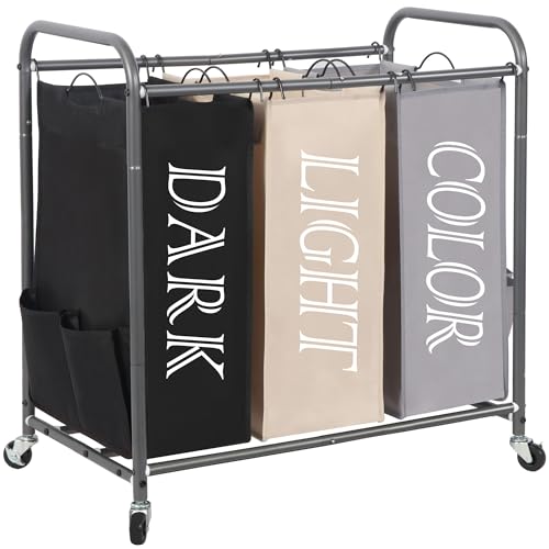 STORAGE MANIAC 3 Section Laundry Sorter, 35.9 Gal (136 L) Laundry Hamper Cart with Heavy Duty Rolling Lockable Wheel and Removable Bag, Clothes Organizer Basket Clothes Separator Hamper, Multicolored - color: Multicolored, size: 3 Section
