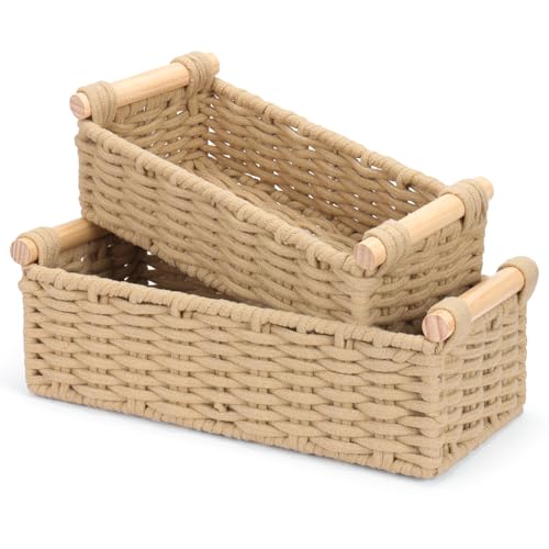 Boho Cotton Rope Storage Baskets Set of 2, Woven Wicker Organizer Bins with Wooden Handles, Small Decorative Boxes for Organizing, Toilet Paper Baskets for Bathroom Countertop, Shelves (Brown 2 Pack) - color: Brown 2 Pack