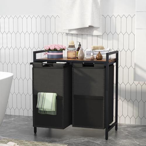 Huhote Laundry Hamper, double Laundry Basket, Laundry Sorter with Top Shelf & 2 Removable Washable Bags & Side Pockets for Laundry Room organization, Bathroom and Dorm, Rustic Brown and Black - color: 2 bags-Black