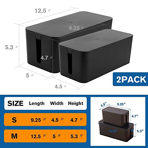 Cable Management Box Organizer, Pack of 2 Wire Concealer to Cover Hide Surge Protector & Power Strip on Desk Floor, with 5 Cord Fastening Tapes for Office, Home, Kitchen (Luxury Black) - color: Black