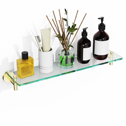 Glass Shelves for Bathroom,16-Inch Brushed Gold Floating Bathroom Shelf Stainless Steel Tempered Glass Shelf Modern Shelves Wall Mounted - color: Brushed Gold, size: 16"without railing