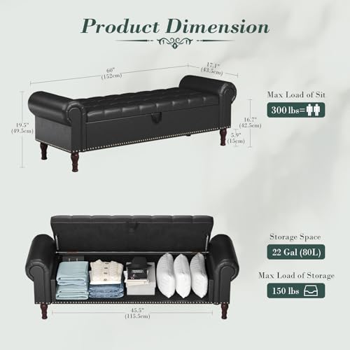 Apicizon 60” Bench with Storage, Queen Size Faux Leather End of Bed Bench with Tufted Button, Ottoman Bench with Rolled Arms & Vintage Rivets for Foot of Bed, Living Room, Entrance, Black - color: Black, size: 60 Inches
