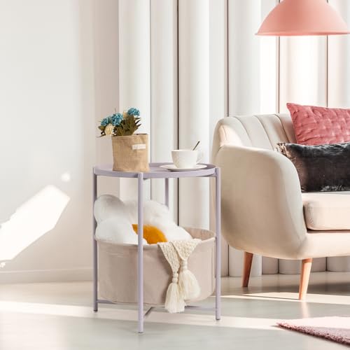 danpinera Round Side Table with Fabric Storage Basket, Metal Side Table Small Bedside Nightstand with Removable Tray Top for Living Room, Bedroom, Nursery, Laundry, Light Violet - color: Light Violet