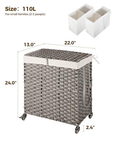 Greenstell Laundry Hamper with Wheels, No Install Needed, 110L Divided Handwoven Hampers & 2 Removable Liner Bags, Rattan Clothes Laundry Basket with Lid & Handles, Foldable Hampers Gray 22x13x26.4 In - color: Gray, size: 110L: 22.0x13.5x26.4 Inches