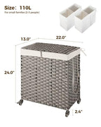 Greenstell Laundry Hamper with Wheels, No Install Needed, 110L Divided Handwoven Hampers & 2 Removable Liner Bags, Rattan Clothes Laundry Basket with Lid & Handles, Foldable Hampers Gray 22x13x26.4 In - color: Gray, size: 110L: 22.0x13.5x26.4 Inches