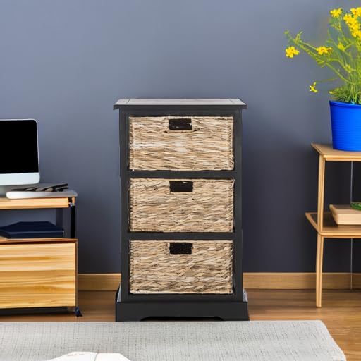 SAFAVIEH Home Collection – Halle Distressed Black Storage Side Table with Wicker Baskets, Farmhouse Accent Storage, Fully Assembled (AMH5738A) - color: Distressed Black