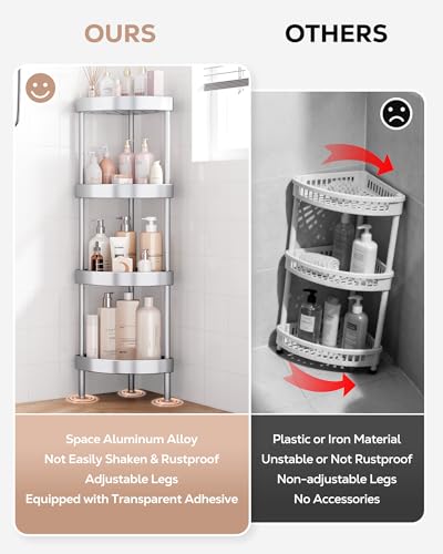 Nieifi Corner Shower Caddy Stand-4 Tier Rustproof Anodized Aluminum Standing Shower Organizer-Shower Caddy Corner-Dual Stability to Anti-Shaking-Height-Adjustable Legs for Uneven Surfaces-Silver - color: Silver, size: 4-Tier