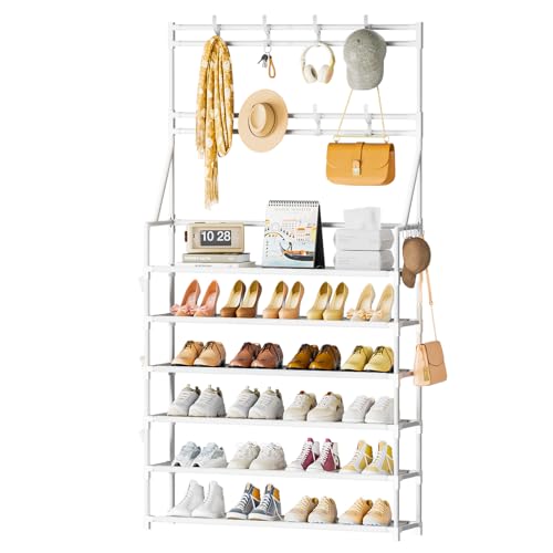 OYREL Shoe Rack 6 Tier Shoes Organizer 24-30 Pairs Shoe Racks for Closet Front Door Entrance Large Capacity Space Saving Shoe Storage Organizer with Multifunctional 5 Hooks and Side Pocket - color: White, size: 6 Tier