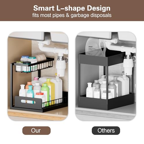 VUSIGN Under Kitchen Sink Organizer, 2 Tier Metal Slide out Sink Shelf Pull out Cabinet Organizer Drawers for Bathroom Kitchen Laundry, 2 Pack, Black - color: Black-2PCS