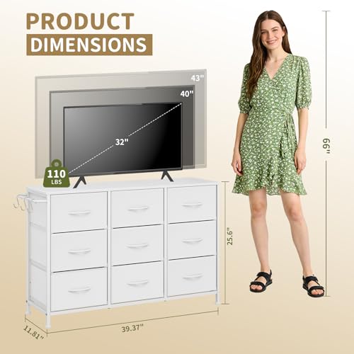 Dresser for Bedroom, Small Fabric Dressers for Kids Bedroom, 9 Drawers Dresser for Closet, Storage Organizer Chest of Drawers for Nursery, Dorm, Apartment, TV Stand, Wooden Top, Side Hooks (White) - color: White, size: 11.8"D x 39.4"W x 25.6"H (9 Drawers)