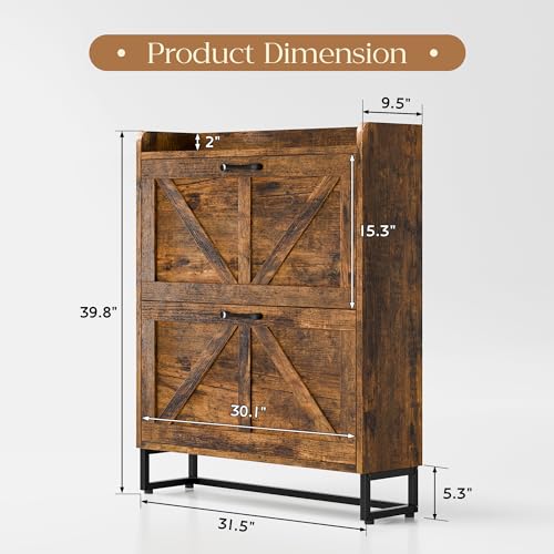 MU Shoe Storage Cabinet with 2 Flip Drawers, Freestanding Shoe Rack Cabinet with Metal Legs, Hidden Shoe Organizer Cabinet for Entryway, Living Room, Rustic Brown - color: Rustic Brown, size: 2 Drawers