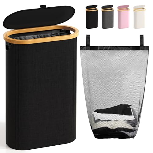 Slim Laundry Hamper with Lid, 60L Small Laundry Basket with Handles&Removable Bag, Thin Dirty Clothes Hampers for Laundry, Narrow Laundry Hampers for Bedroom Aesthetic, Black - color: Black, size: 60L