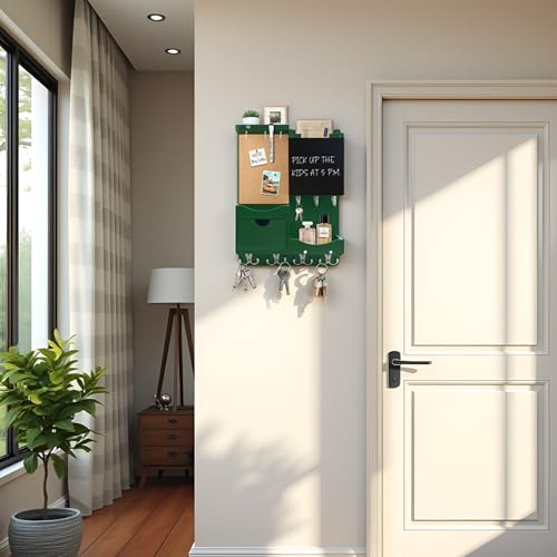 Key Holder Wall Mount， Mail Organizer Key Holder for Wall with Shelf, Drawer, Chalkboard, Corkboard, Home Decor Wall Mounted for Room Entryway (Green) - color: Dark Green, size: Vertical