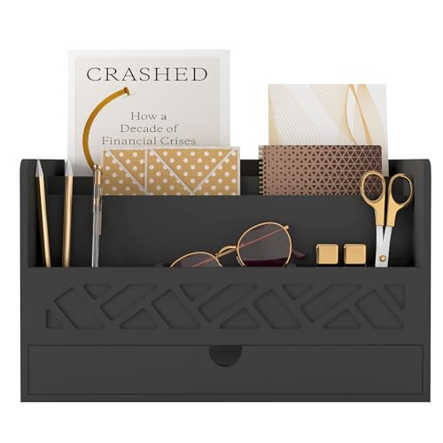 Bamboo Mail Organizer Countertop Desktop with Drawer - Desk Organizer with File Organizer for Office Supplies All-in-One Desk File Organization with Pencil Holder for Paper Letter Envelope Bill - color: 1 Black