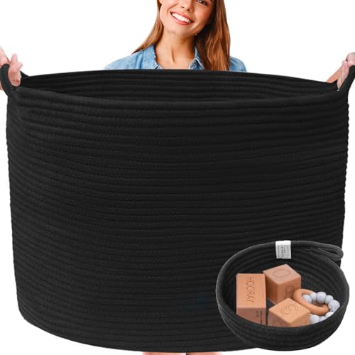 XXXXL WASHABLE Large Black Basket Blanket Basket Living Room 2PCs Toy Baskets Storage Kids Woven Rope XXX Extra Large Basket for Blankets,Pillows,Throws,Laundry + Small Basket | BIG Basket Blanket - color: Black, size: Jumbo