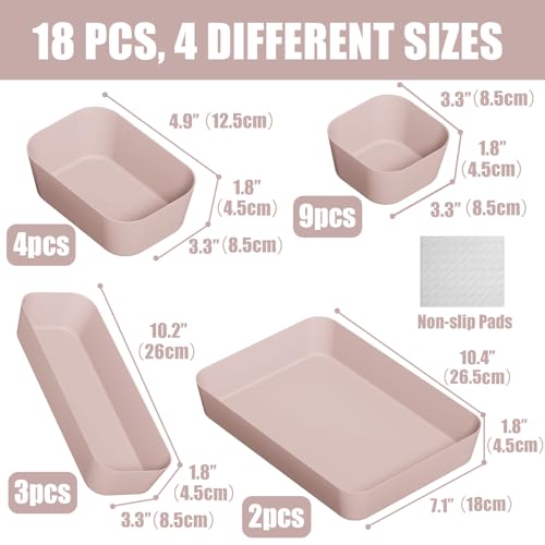 Plastic Drawer Organizers, 18 PCS Bathroom Drawer Organizer Bins, Desk and Vanity Organizer Plastic Tray, Makeup organizer and storage for Bedroom, Kitchen Gadgets Utensils and Office (Pink) - color: Pink, size: 18pcs