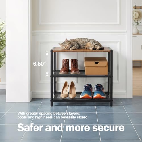 3-Tier Wooden Shoe Rack with Metal Mesh Shelves - for Entryway, Closet, Hallway & Bedroom Holds 6 Pairs, Ideal for Storage or Display - size: 17"D x 10.24"W x 15.75"H