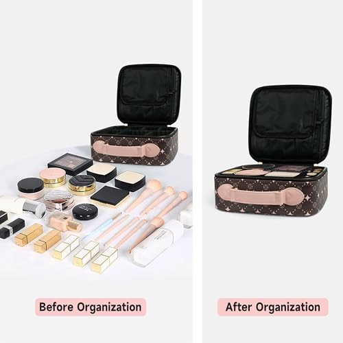 Travel Makeup Bag,Waterproof Cosmetic Organizer, Adjustable Dividers,Portability Cosmetic Train Case,Makeup organizer,Gift for Women,Girls Gift (Coffee+Pink) - color: Coffee+Pink