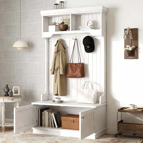 4-in-1 Entryway Hall Tree with Storage Shoe Bench, Coat Rack with Hooks, Open Shelves & Cabinet, Modern Organizer for Mudroom Hallway (White) - color: White