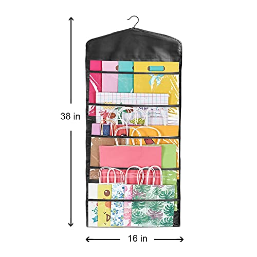 ProPik Hanging Double Sided Gift Bag Storage Organizer with Multiple Front and Back Pockets - Organize Your Gift Wrap, Tissue Paper, and Paper Bags 38 x 16 Inch PVC (Full Black) - color: Full Black