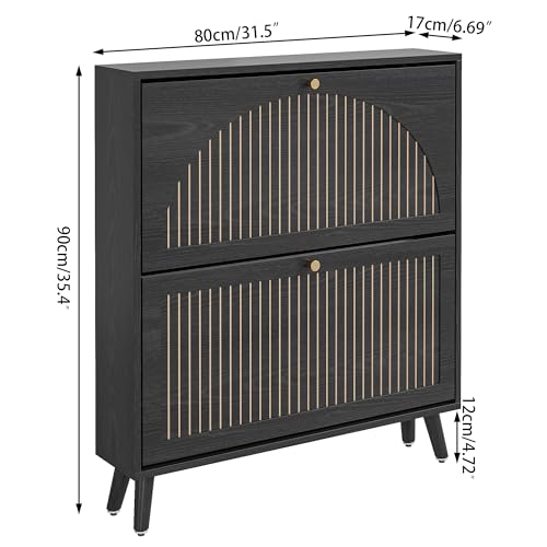 Fsbecl Shoe Storage Cabinet for Entryway with 2 Flip Drawers, Narrow Wood Shoe Cabinet with Fluted Panel, Freestanding Hidden Shoe Organizer for Foyer, Hallway (Black - No Shelf) - color: Black - No Shelf